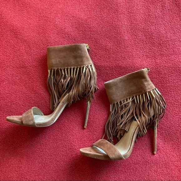 RACHEL ZOE Sz 9 Suede Bootie Sandals w/ Fringe Golden Accents Zipper  Tassels - Picture 2 of 10